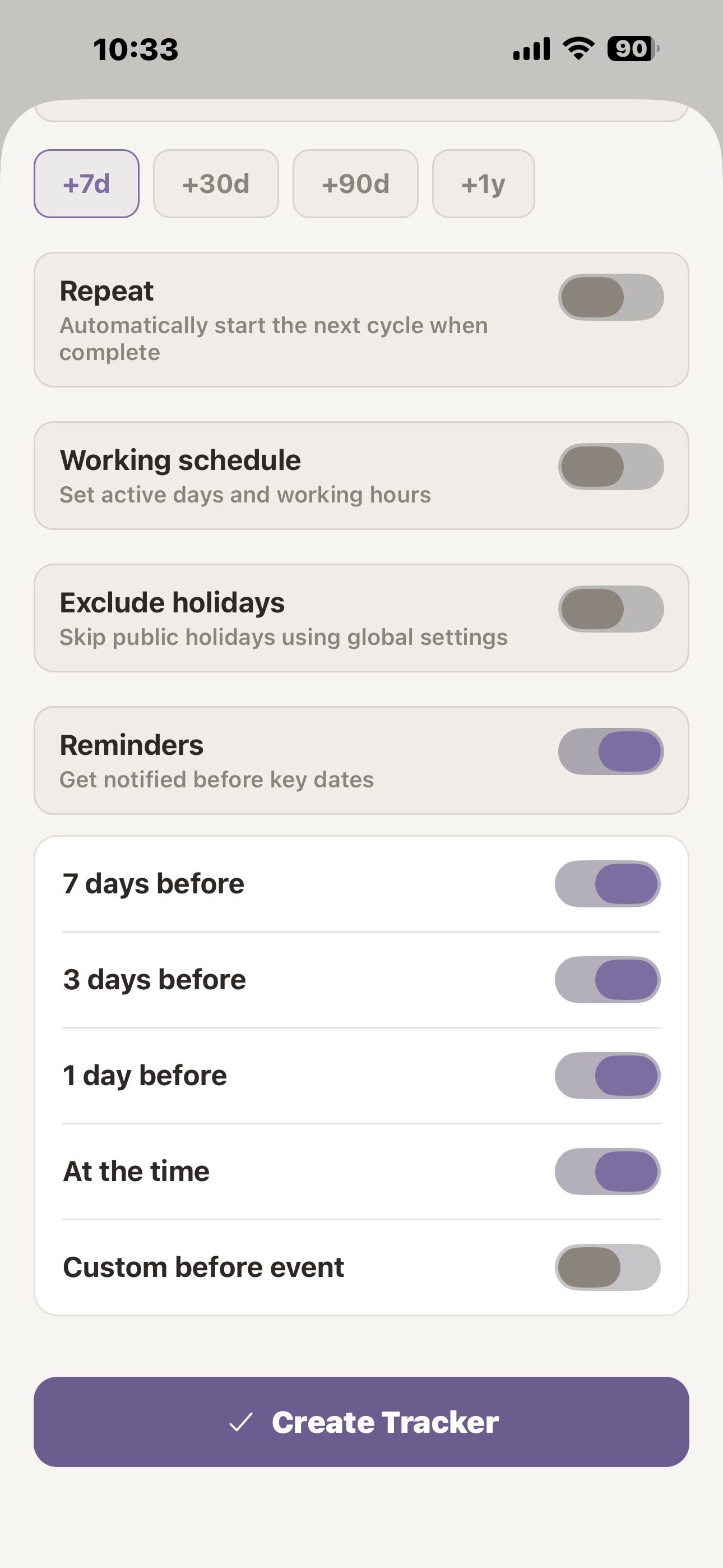 OmniaChron reminder settings with milestone progress notifications