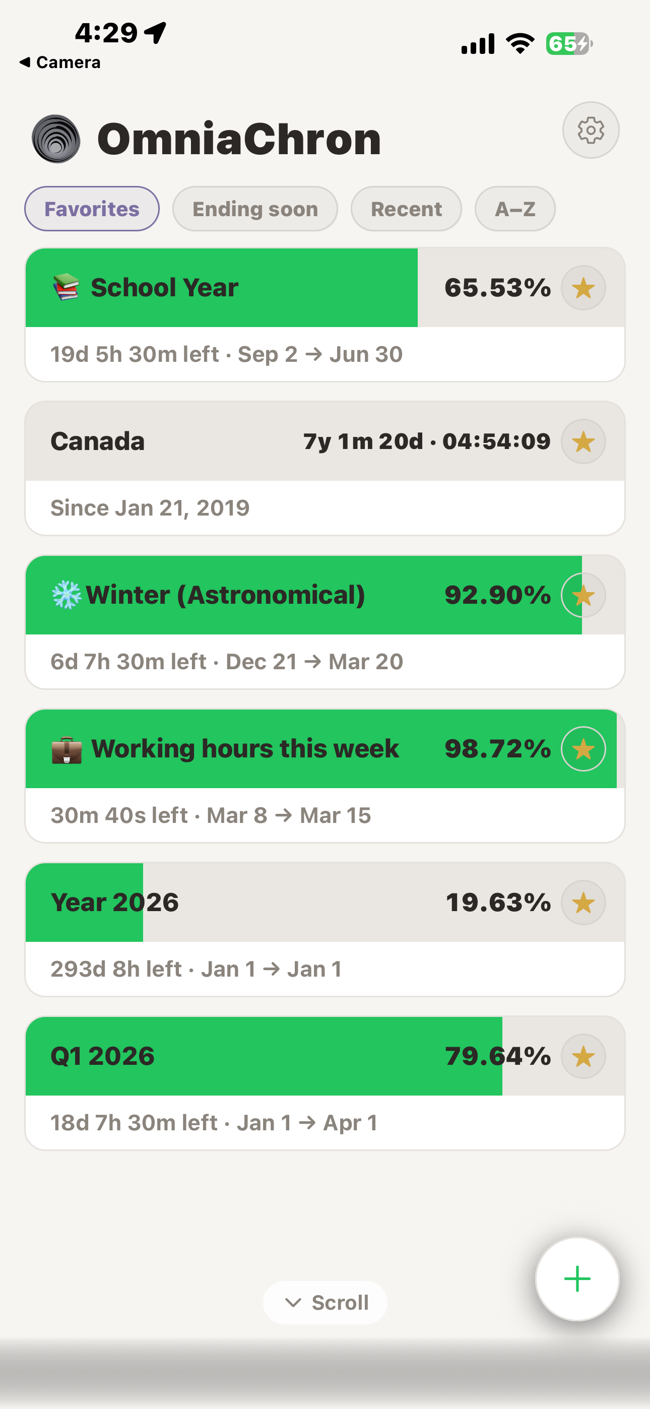 OmniaChron tracker list showing year progress, quarterly milestones, and custom date tracking